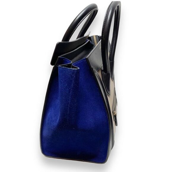 CELINE Tri-Color, Tan Calfskin Leather, Blue Suede, Black Trim Luggage Tote Bag - Picture 5 of 17